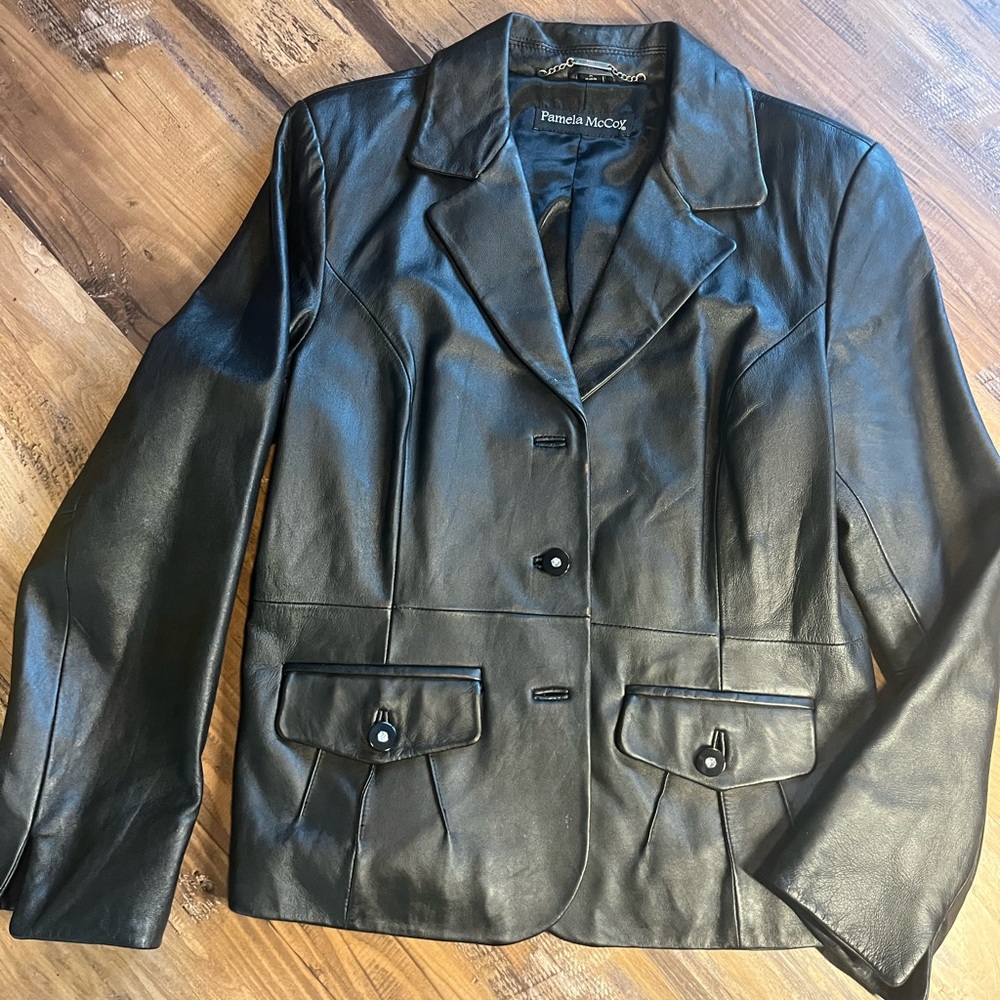 Pamela McCoy M Black Leather Jacket Rhinestone Buttons Trench Coat